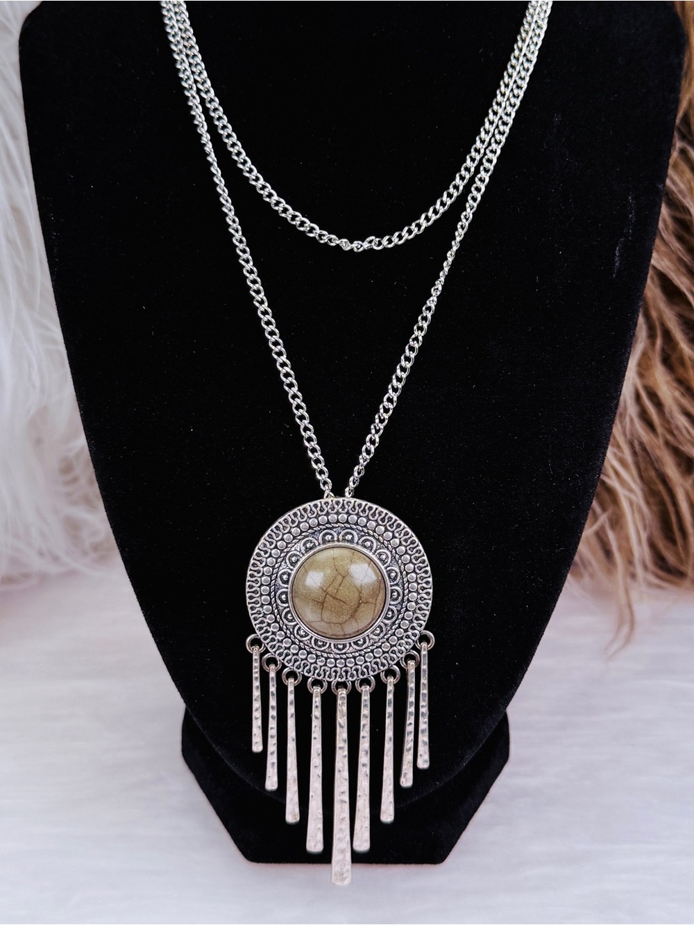 Boho Silver Tone Medallion Fringe Pendant Necklace Faux Stone Statement
